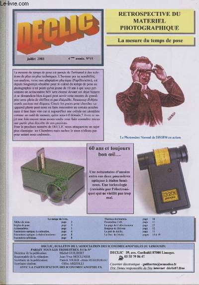 Dclic n15 Juillet 2002 (4me anne) - Retrospective du matriel photographique : Le temps de pose. Sommaire : Tables de pose - Rgles de pose - Posemtres optiques  extinction et  talon lumineux - Posemtres slnium - Thermocolorimtres - Posemtres