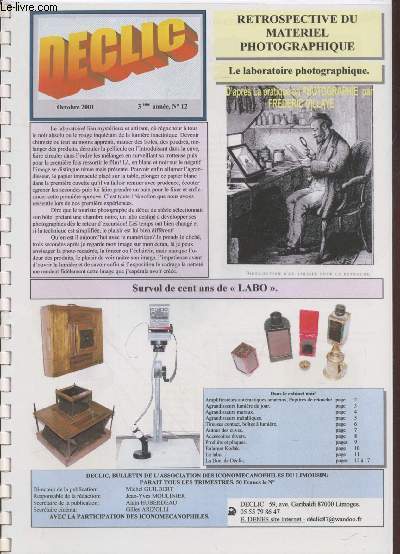Dclic n12 Octobre 2001 (3me anne) - Retrospective du matriel photographique : Le laboratoire photographique. Sommaire : Amplificateurs automatiques amateurs, Pupitres de retouche - Agrandisseurs lumire du jour - Agrandisseurs muraux - etc.