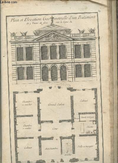 Plan et lvation Geometralle d'un btiment de 9 toises de face sur la ligne A, ligne B ligne du plan C : Deux planches extraites d'un Atlas d'Architecture du XVIIIe sicle