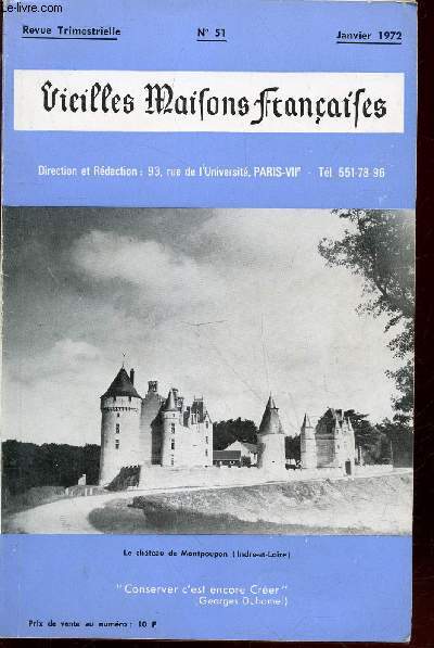 Vieilles Maisons Franaises n51 Janvier 1972. Sommaire : Le Manoir de Saint-Paterne-Pontpoint (Oise) par Pierre Mass - Cadrans solaires - Le chteau de Montpoupon (Indre et Loire) par Solange de La Motte Saint Pierre - etc.