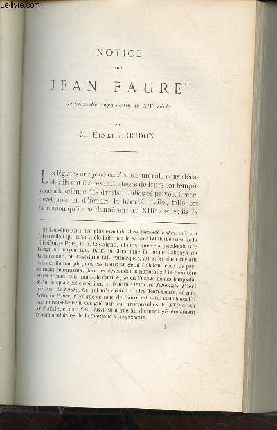 Tir  part : Notice sur Jean Faure jurisconsulte Angoumoisin du XIVe sicle - Bulletin de la Socit Archologique et Historique de la Charente Quatrime srie - Tome 3 - Anne 1865.
