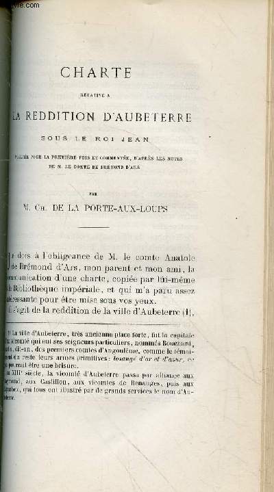 Tir  part : Charte relative  la reddition d'Aubeterre sous le roi Jean publie pour la premire fois et commente d'aprs les notes de M. Le Comte de Brmond d'Ars.