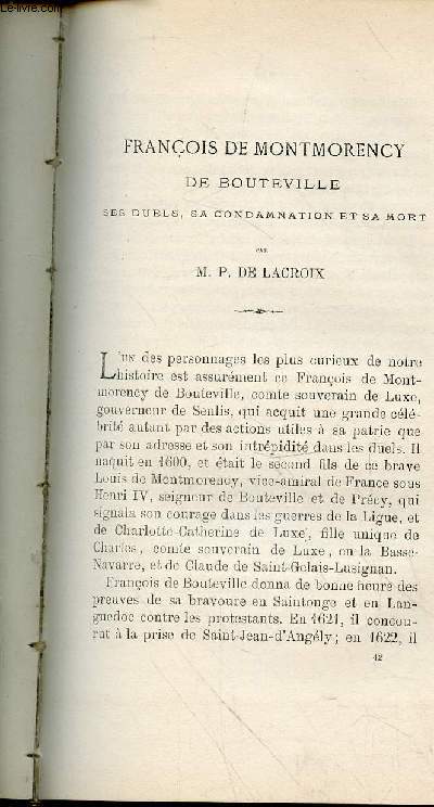 Tir  part :Franois de Montmorency de Bouteville : Ses duels, sa condamnation et sa mort - Bulletin de la Socit Archologique et Historique de la Charente Quatrime srie - Tome 7 - Anne 1870.