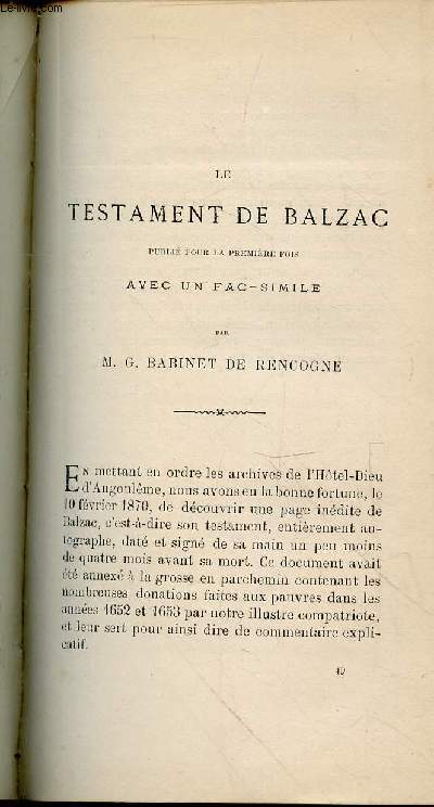 Tir  part : Le testament de Balzac publi pour la premire fois avec un fac-simil - Bulletin de la Socit Archologique et Historique de la Charente Quatrime srie - Tome 7 - Anne 1870.