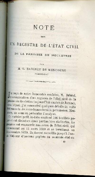 Tir  part : Note sur un registre de l'Etat civil de la Paroisse de Houlettes - Bulletin de la Socit Archologique et Historique de la Charente Quatrime srie - Tome 10 - Anne 1875