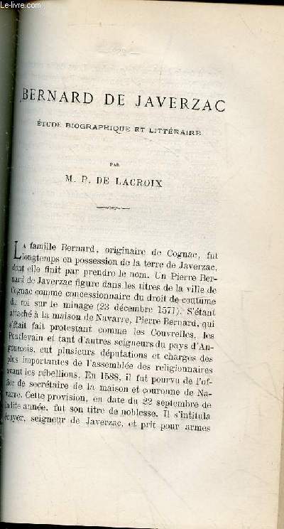 Tir  part : Bernard de Javerzac : Etude biographique et littraire - Bulletin de la Socit Archologique et Historique de la Charente Quatrime srie - Tome 10 - Anne 1875