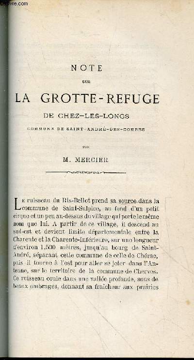 Tir  part : Note sur la Grotte-Refuge de Chez-les-longs commune de Saint-Andr-des-Combes - Bulletin de la Socit Archologique et Historique de la Charente Quatrime srie - Tome 10 - Anne 1875