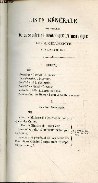 Tir  part : Administration de la Socit + Procs verbaux des sances - Bulletin de la Socit Archologique et Historique de la Charente Troisime srie - Tome 3 - Anne 1861