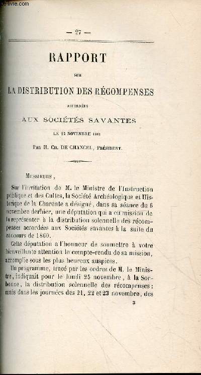 Tir  part : Rapport sur la distribution des rcompenses accordes aux Socits Savantes le 25 novembre 1861 - Bulletin de la Socit Archologique et Historique de la Charente Troisime srie - Tome 3 - Anne 1861