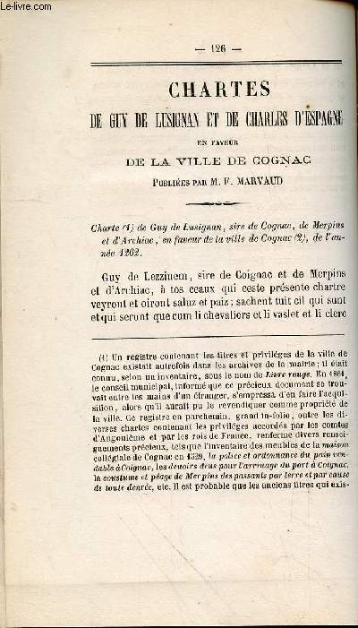 Tir  part : Chartes de Guy de Lusignan et de Charles d'Espagne en faveur de la ville de Cognac - Bulletin de la Socit Archologique et Historique de la Charente Troisime srie - Tome 3 - Anne 1861