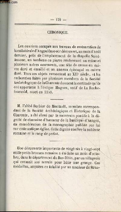 Tir  part : Chronique - Ncrologie - Bulletin de la Socit Archologique et Historique de la Charente Troisime srie - Tome 3 - Anne 1861