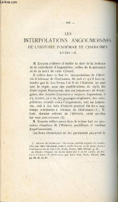 Tir  part : Saint Cybard tude critique de textes - Bulletin et Mmoires de la Socit Archologique et Historique de la Charente 7me srie - Tome VII Anne 1906-1907.