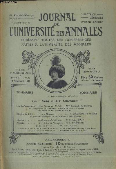 Journal de l'Universit des Annales 5e anne scolaire 1910-1911 Tome 1 n23 - 15 novembre 1911. Sommaire : Les 