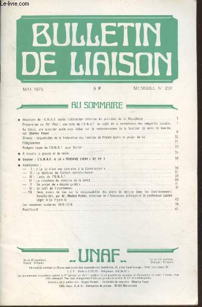 Bulletin de Liaison n259 Mai 1975. Sommaire : Avortement : 