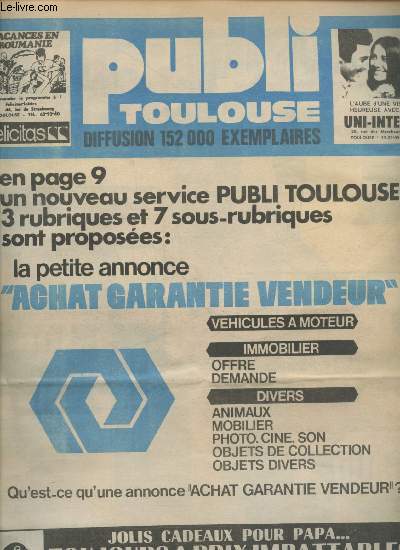 Pubi Toulouse n397 du 14 au 20 juin 1977. Sommaire : L'quipe de HAGA revue toulousaine de la bande dessine - Votre semaine de tlvision - Les petites annonces -