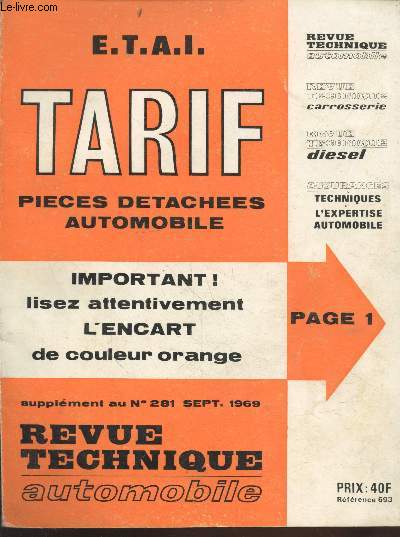 Tarif pices dtaches automobile - Supplment au n281 Septembre 1969 Revue Technique Automobile