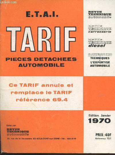 Tarif pices dtaches automibile Edition Janvier 1970