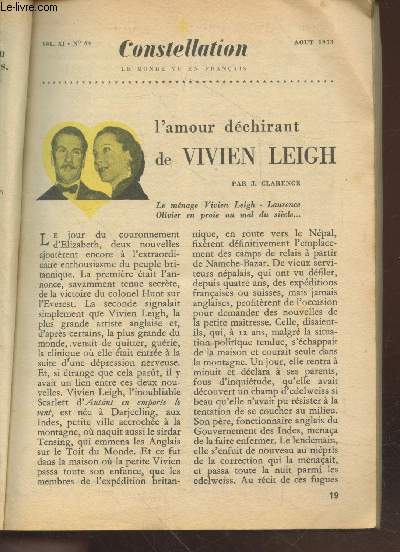 Constellation n64 Vol. XI - Aot 1953. Sommaire : L'amour dchirant de Vivien Leigh - Des savants enqutent chez les voyantes - Basketteurs franais  Moscou - Le Roi de la carte postale - Alerte atomique  Suez - Mes vacances comme en 1900 - etc.