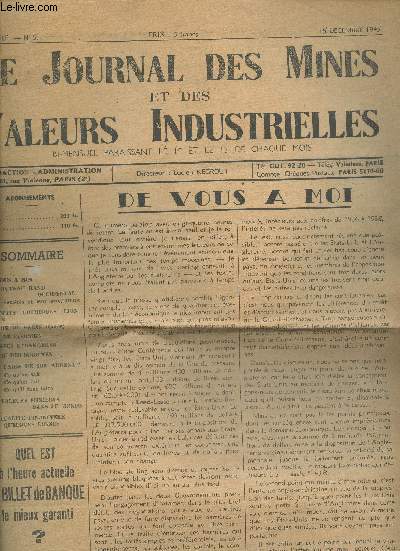 Le Journal des Mines et des Valeurs Industrielles 96me anne n5 - 15 dcembre 1945. Sommaire : Le nouveau Rand occidental - Les socits et leur programme - Produits chimiques lion noir - Marche de Paris (Cotes) - Sons de cloches - etc.