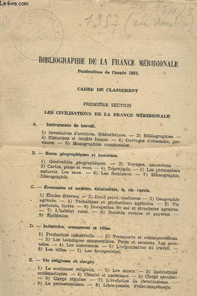 Bibliographie de la France mridionale : Publications de l'anne 1957 - Cadre de classement