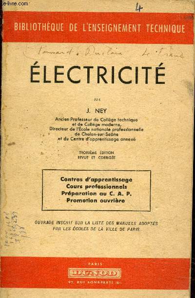 Electricit : Centres d'apprentissage - Cours professionnels - Prparation au C.A.P. - Promotion ouvrire (Collection 