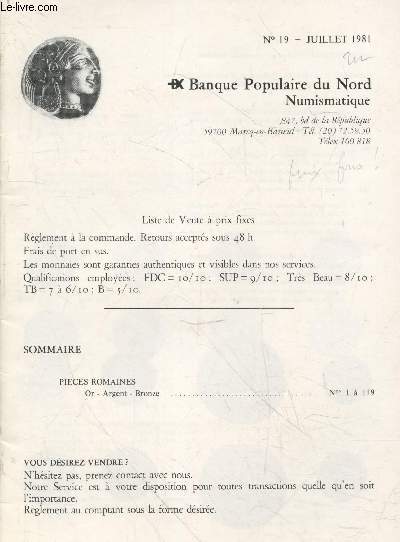 Banque Populaire du Nord Numismatique n19 - Juillet 1981 : Pierres romaines Or-Argent-Bronze n1  119.