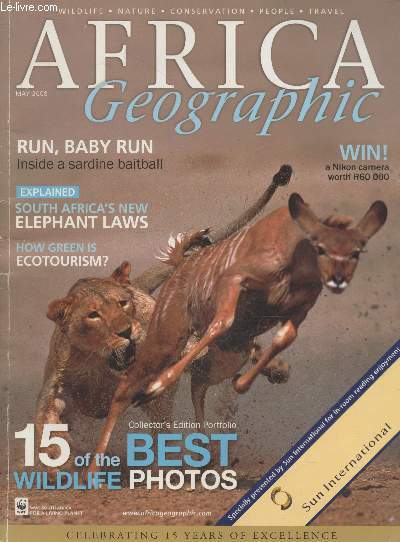 Africa Geographic May 2008 Vol.16 n4 : Best wildlife photographs - Conservation, then & now - Ecotourism - Ethiopia - Sardine Run. Sommaire : South Africa's new elephant laws - Take a photographic safari to Kenya with David Rogers - etc.