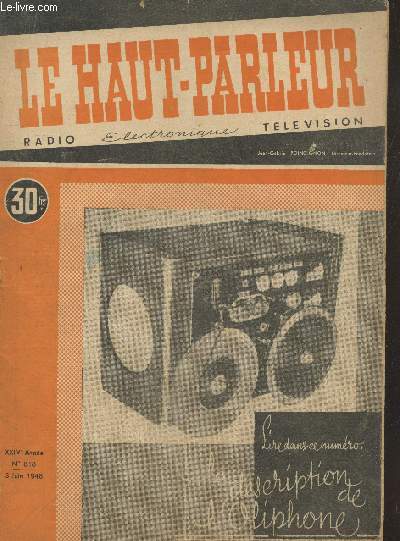 Le Haut-Parleur XXIVe Anne n818 - 3 juin 1948. Sommaire : L'oliphone - Le salon de la Radio  la foire de Paris - La lutte contre les parasites - Systmes d'alimentation et de secours  batteries d'accumulateurs - etc.