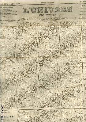 L'Univers - Union catholique 24e Anne n310 Mercredi 12 Novembre 1856. Sommaire : Ca et l - Nouvelles de l'tranger - L'hygine de la digestion - L'oeil - Maladies des femmes - etc.