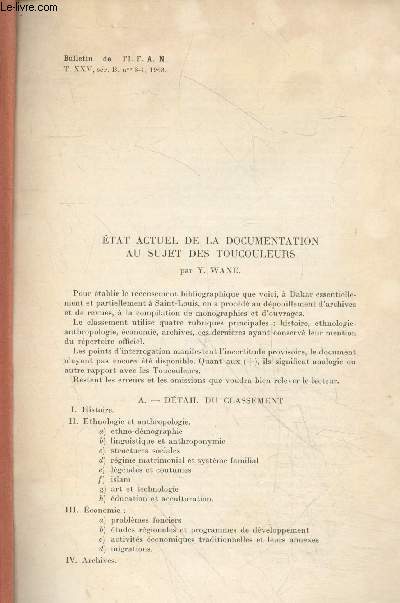 Tir  part : Etat actuel de la documentation au sujet des Toucouleurs - Bulletin de l'IFAN Tome XXV srie B n3-4, 1963