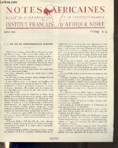 Notes Africaines n18 Avril 1943 - Bulletin d'information et de correspondance de l'Institut Franais d'Afrique Noire.