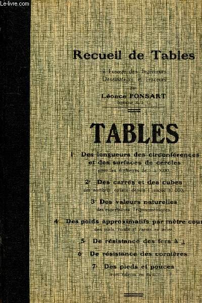 Recueil de Tables  l'usage des ingnieurs, dessinateurs et traceurs : Des longueurs et des circonfrences et des surfaces de cercles - Des carrs et des cubes - Des valeurs naturelles - Des poids approximatifs par mtre courant - etc.