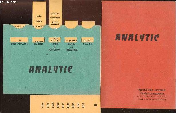 Analytic - appareil auto correcteur d'analyse grammaticale - appareil + 7 fichettes avec phrase /rponses + 4 fichettes nature/temps ou fonction/ grenre ou personne / nombre- cours elementaire (10e et 9e) classe de perfectionnement