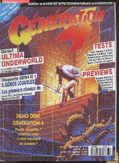 Generation 4 - N43 avril 92- Ultima underworld, disquette GEN4 N1 3 demos jouables : gods, jim power et shadowlands- demo disk generation4, tests: team yankee 2, myth shanghai, black crypt, d-generation, eternam, parasol star, ultima 7, space crusade, l