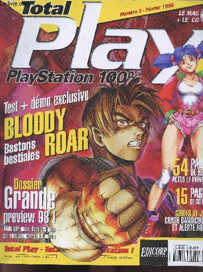 Total play N3 fevrier 1998- bloody roar baston bestiales, dossier grande preview 98, 54 pages de news, 15 pages de soluces, crash bandicoot 2, alerte rouge, le cinquieme element, tekken 3, crime killer, nba fastbreak 98, fluid, riven, spawn, pad vibrant