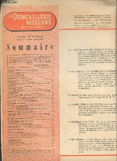 La quincaillerie moderne, fers et metaux n108 decembre 1954- comment passer vos vacances, plaisirs de la mer, aimez vous le camping, les loisirs du commercant dans le temps et dans l'histoire, pour vos prochaines vacances quel voiture aurez vous, ...