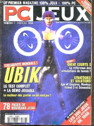 PC JEUX N7 fevrier 1998- ubik test complet et demo jouable- great courts 3 la reference des simulations de tennis, strategies et solutions : age of empire, monkey island 3, et dementia- les 300 jeux les plus attendus de 1998, defcon 5, fighting force,...