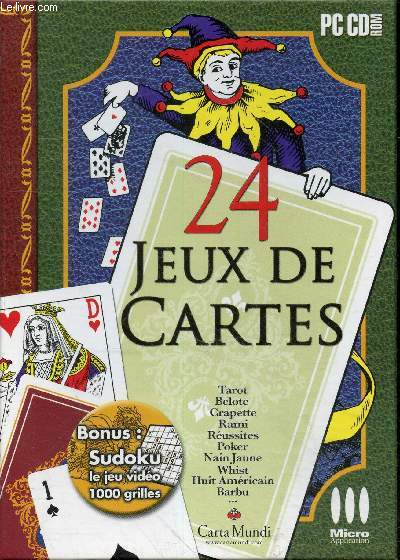 PC CD-ROM -24 jeux de cartes - tarot,belotte,crapette,rami,russites,poker,nain jaune,whist,huit amricain,barbu ...