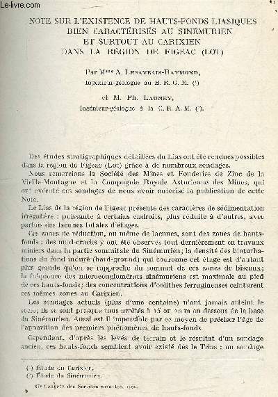 Note sur l'existence de hauts fonds liasiques bien caracterises au sinemurien et surtout au carixien dans la region de figeac (lot) - 87e congres des societes savantes, 1962