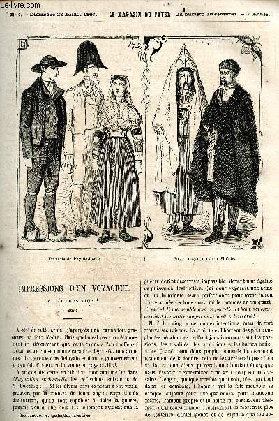 Le magasin du foyer, journal des bonnes lectures - 1867, 3e annee - N4, dimanche 28 juillet 1867- impressions d'un voyageur a l'exposition, madame la colonelle, l'ecole buissonniere, le vieux chateau de la carriere
