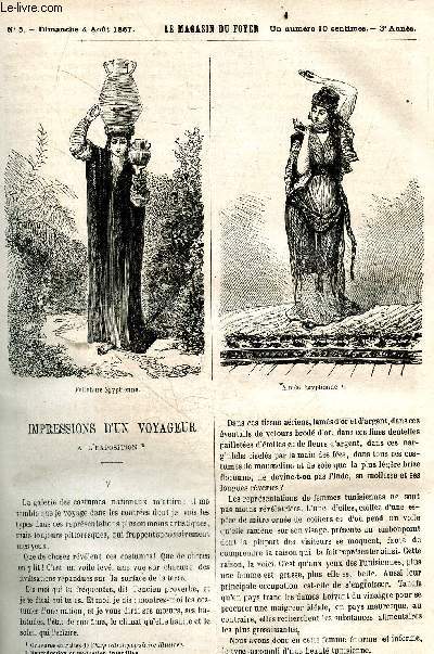 Le magasin du foyer, journal des bonnes lectures - 1867, 3e annee - N5, dimanche 4 aout 1867- impressions d'un voyageur a l'exposition, madame la colonelle, les frontmarques, les distractions du professeur galetti, le vieux chateau de la carriere