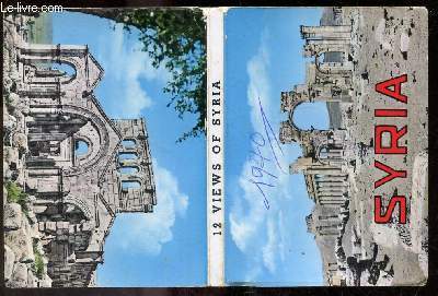 12 views of Syria - Dpliant 12 photos couleur de la Syrie- cathedrale st simeon le stylite, palmyr les ruines, mosquee sultan selim, damas place des martyrs et palais el azem, homs mosque khaled ibn el walid, hama noria el belchriat, citadelle d'alep...