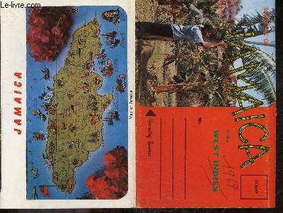 Souvenir of Jamaica in the west indies- doctor's cave, west public buildings, royal botanic gardens, water boy, water lilies, rafting on the rio grandemap of jamaica, king street, dunn's river, harvesting sugar, market scene, gern gulley