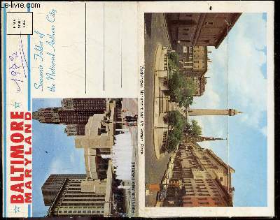 Baltimore Maryland- Souvenir folder of the national anthem city- civic center, pimlico race course, zoo, memorial stadium, transportation museum, washington monument, inner harbor, sherwood gardens, friendship international airport, johns hopkins hospital