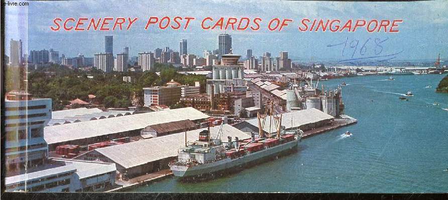 Scenery post cards of Singapore - 9 cartes postales + leur miniature - aerial view singapore harbour, ancient artillery at sentosa, market scene queen street, indian temple south bridge road, street scene north bridge road, high rise blocks of office ...