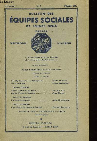 BULLETIN DES EQUIPES SOCIALES DE JEUNES GENS N5 - 12me ANNEE - FEVRIER 1935