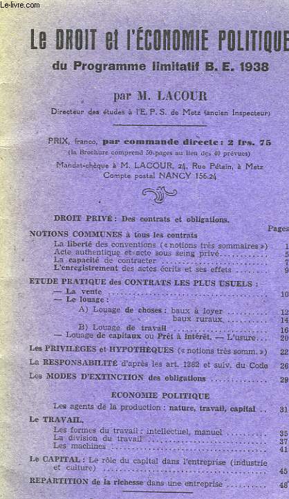 LE DROIT ET L'ECONOMIE POLITIQUE DU PROGRAMME LIMTATIF B.R. 1938