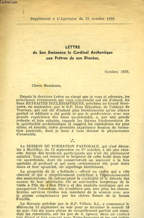 LETTRE DE SON EMINENCE LE CARDINAL ARCHEVEQUE AUX PRETRES DE SON DIOCESE