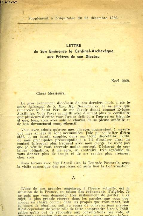 LETTRE DE SON EMINENCE LE CARDINAL-ARCHEVEQUE AUX PRETRES DE SON DIOCESE