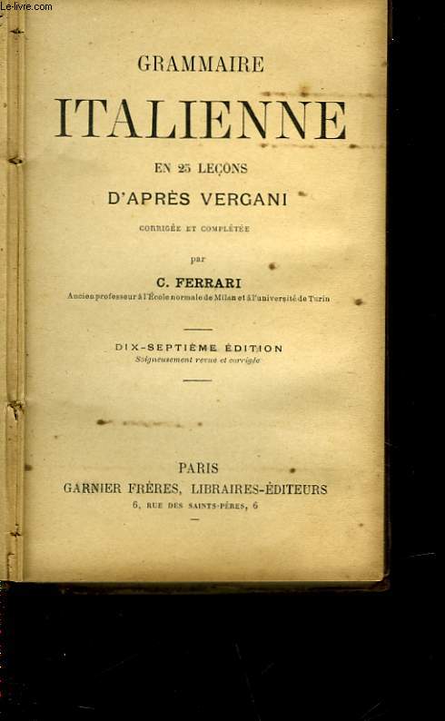 GRAMMAIRE ITALIENNE EN 25 LECONS D'APRES VERGANI